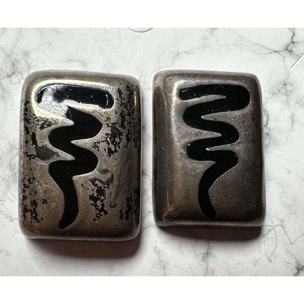 VTG Taxco‎ Mexico 925 Sterling Silver Black Enamel Modernist Earrings TP-63 15g